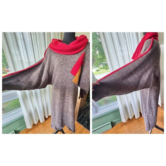 Vintage 80s sweater dress, taupe, red yellow geometric shapes, rolled cowl neck - Picture 3 of 10